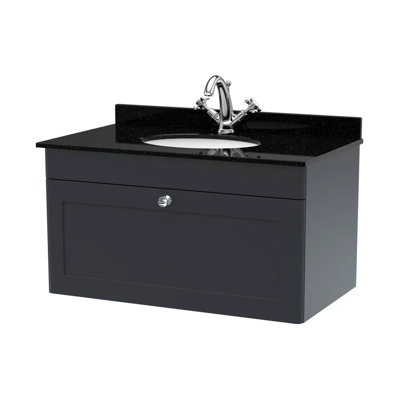 Nuie Classique 800mm Wall Hung 1 Drawer Vanity & Marble Top 1th Traditional Soft Black MFC Painted Matt 445x820x463mm - CLC1496BR1