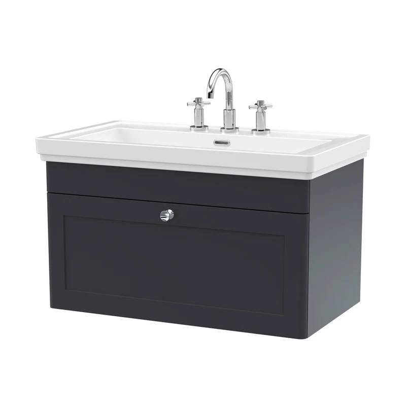 Nuie Classique 800mm Wall Hung 1-drawer Vanity & Basin 3th Traditional Soft Black MFC Painted Matt 496x830x470mm