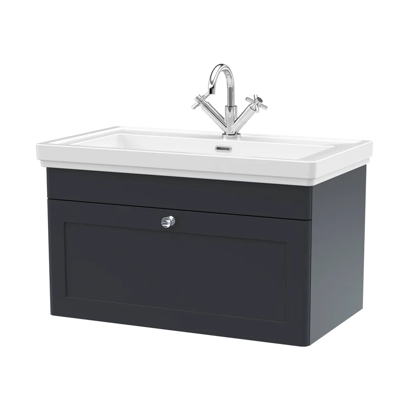 Nuie Classique 800mm Wall Hung 1-drawer Vanity & Basin 1th Traditional Soft Black MFC Painted Matt 496x830x470mm