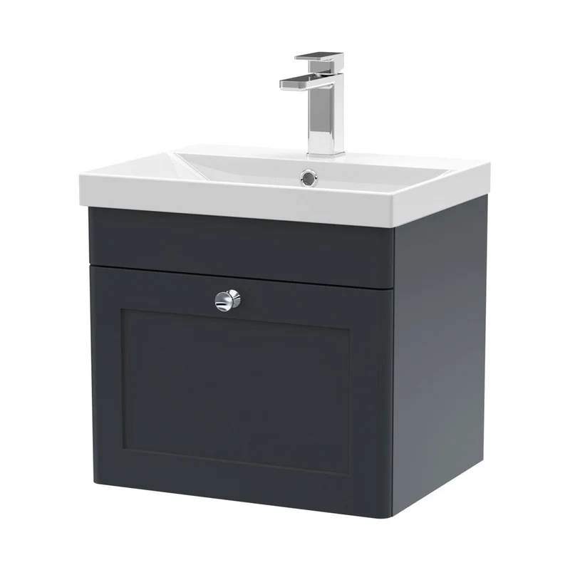 Nuie Classique 500mm Wall Hung 1 Drawer Vanity & Basin 3 Traditional Soft Black MFC Painted Matt 481x510x395mm