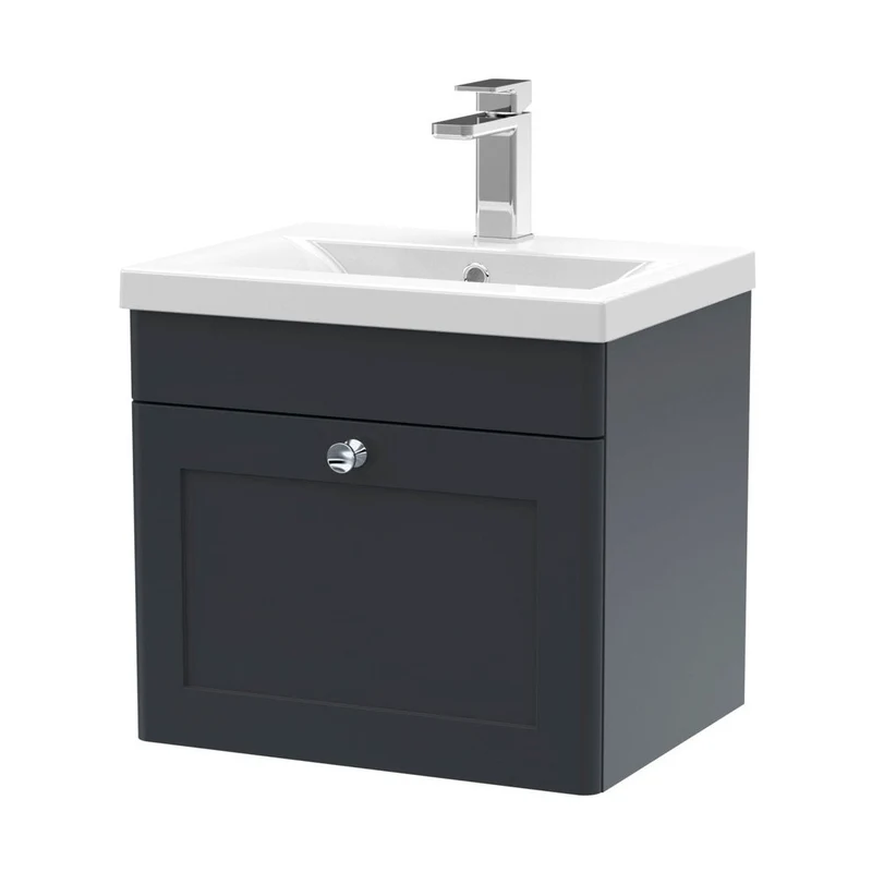 Nuie Classique 500mm Wall Hung 1 Drawer Vanity & Basin 1 Traditional Soft Black MFC Painted Matt 471x510x390mm