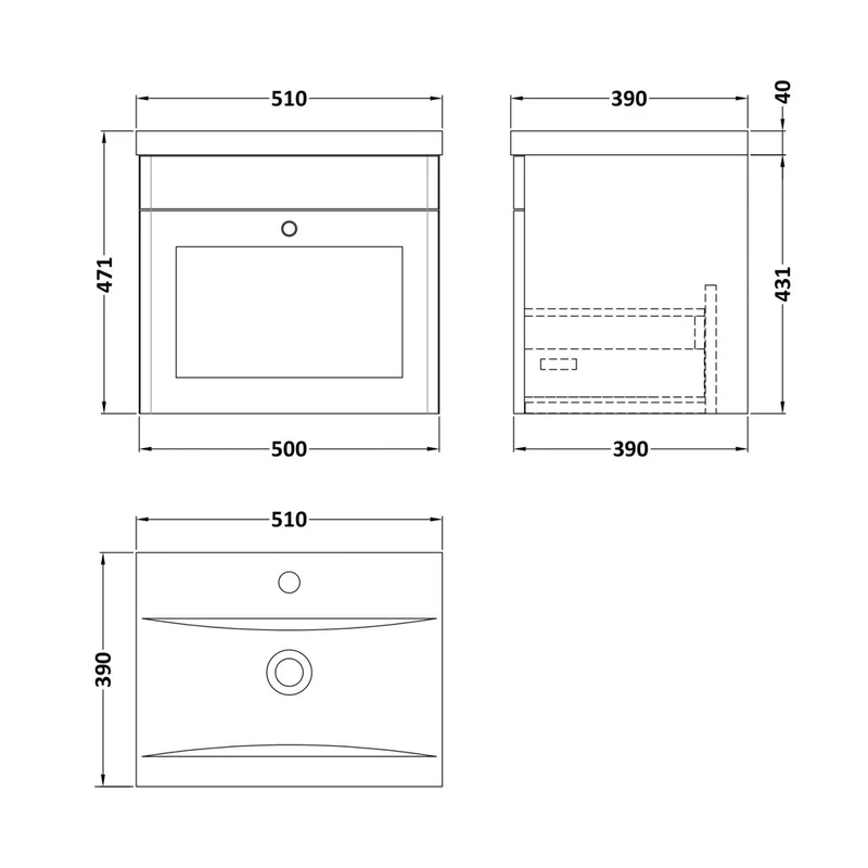 Nuie Classique 500mm Wall Hung 1 Drawer Vanity & Basin 1 Traditional Soft Black MFC Painted Matt 471x510x390mm