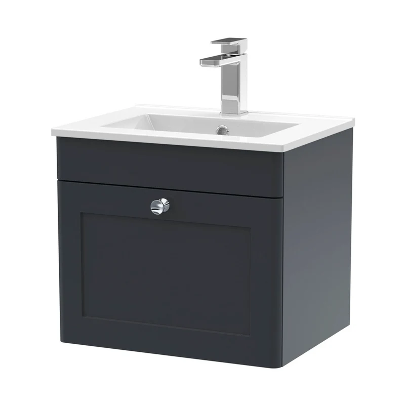 Nuie Classique 500mm Wall Hung 1 Drawer Vanity & Basin 2 Traditional Soft Black MFC Painted Matt 449x500x390mm