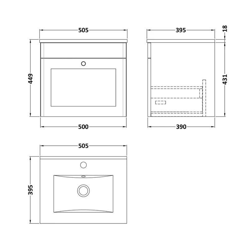 Nuie Classique 500mm Wall Hung 1 Drawer Vanity & Basin 2 Traditional Soft Black MFC Painted Matt 449x500x390mm