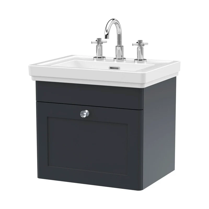Nuie Classique 500mm Wall Hung 1-drawer Vanity & Basin 3th Traditional Soft Black MFC Painted Matt 496x531x406mm