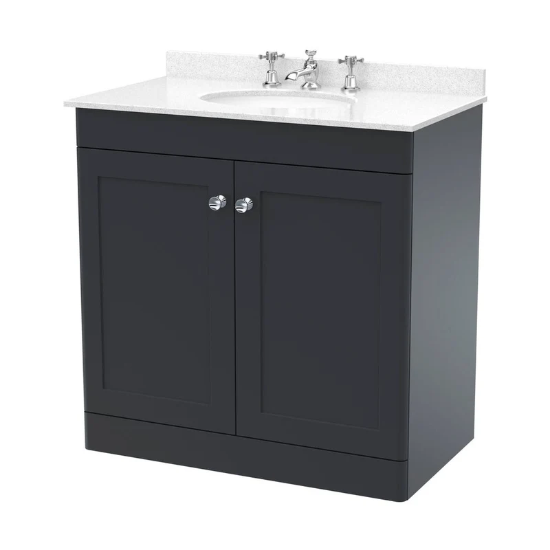 Nuie Classique 800mm Floor Standing 2 Door Vanity & Marble Top 3th Traditional Soft Black MFC Painted Matt 814x820x463mm - CLC1426WR3
