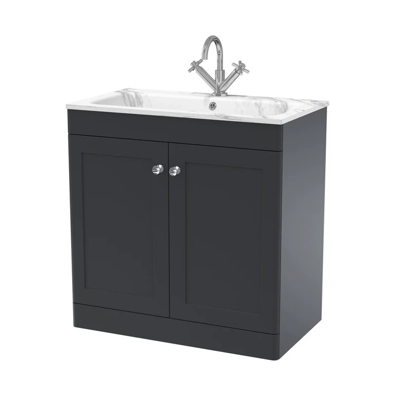 Nuie Classique 800mm Floor Standing 2-door Unit & Stone Basin 1th Traditional Soft Black MFC Painted Matt,stone 816x810x470mm - CLC1426Q