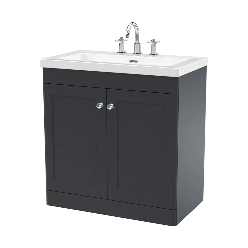 Nuie Classique 800mm Floor Standing 2-door Vanity With Basin - 3 Tap Hole Traditional Soft Black Fireclay 845x813x462mm