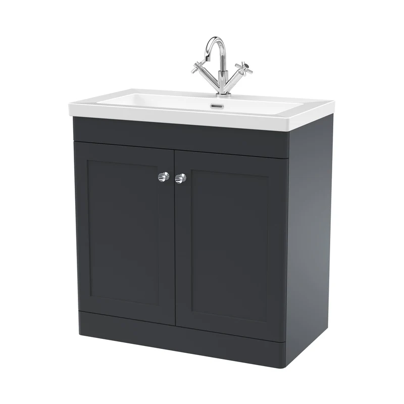 Nuie Classique 800mm Floor Standing 2-door Vanity With Basin - 1 Tap Hole Traditional Soft Black Fireclay 845x813x462mm