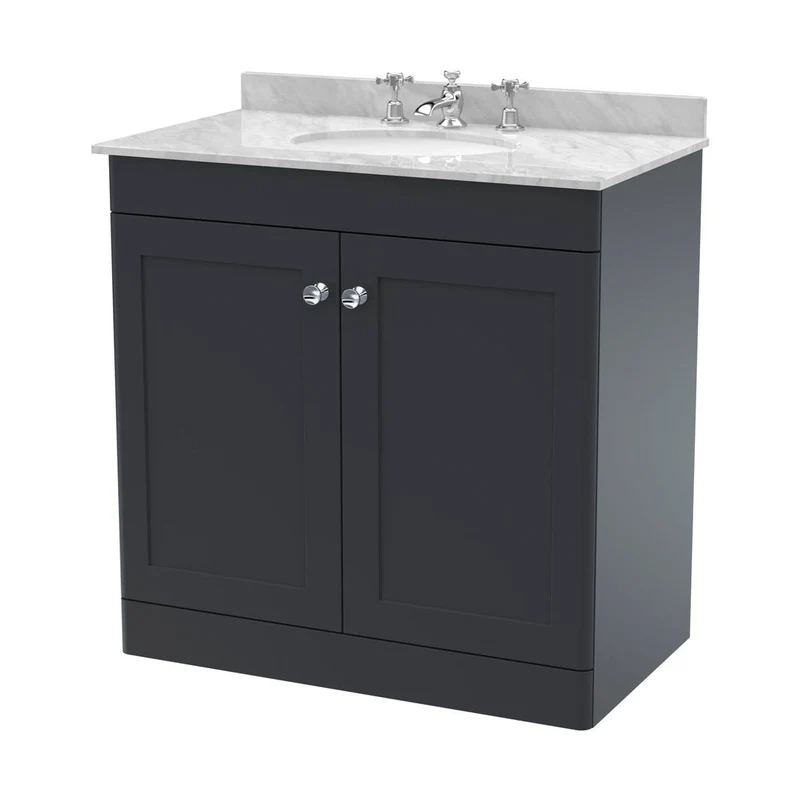 Nuie Classique 800mm Floor Standing 2 Door Vanity & Marble Top 3th Traditional Soft Black MFC Painted Matt 814x820x463mm - CLC1426GR3