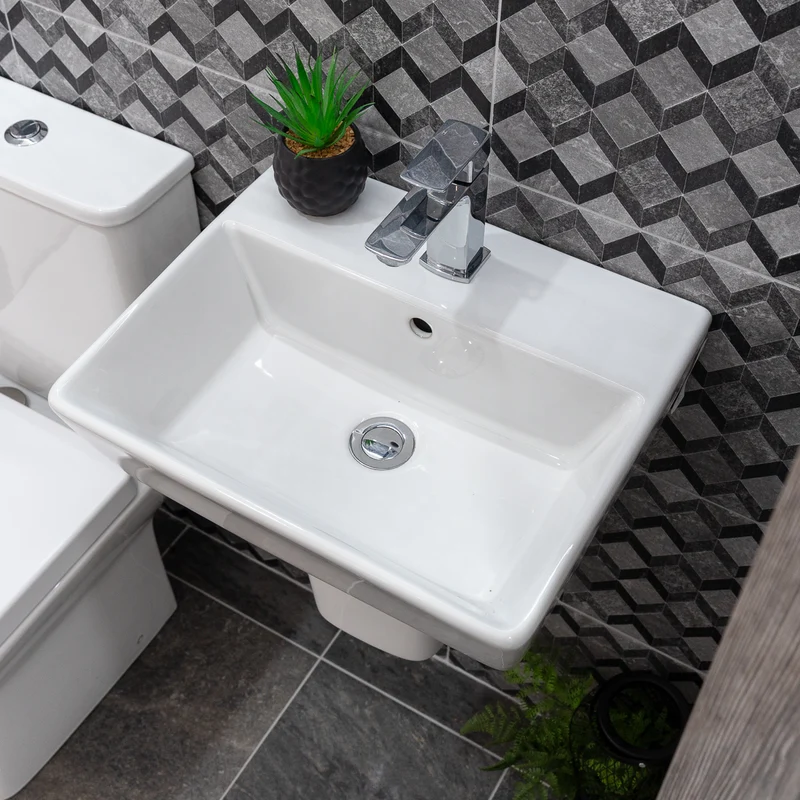 Linea Square 1 Tap Hole Basin & Semi Pedestal - 450mm