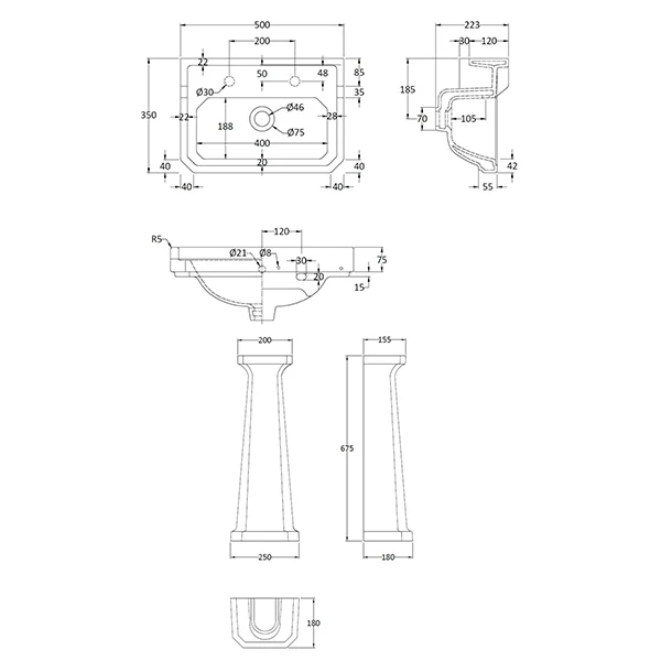 Richmond 500mm 2 Tap Hole Basin & Pedestal