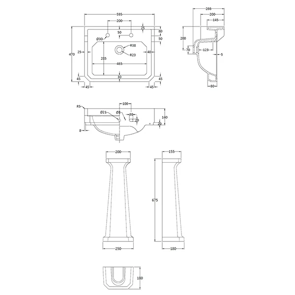 Richmond 600mm 2 Tap Hole Basin & Pedestal