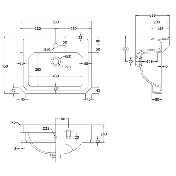 Richmond 560mm 1 Tap Hole Wall Hung Basin