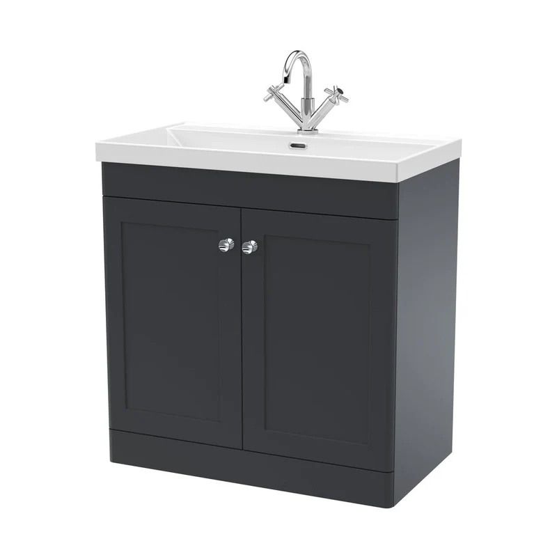Nuie Classique 800mm Floor Standing 2-door Vanity With Basin - 1 Tap Hole Traditional Soft Black Vitreous China 818x810x460mm