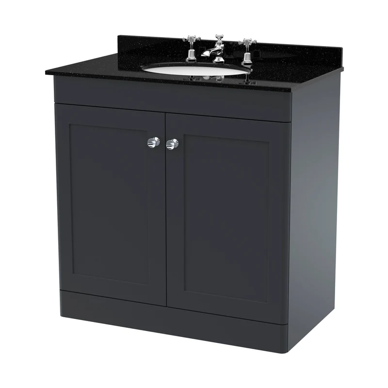 Nuie Classique 800mm Floor Standing 2 Door Vanity & Marble Top 3th Traditional Soft Black MFC Painted Matt 814x820x463mm - CLC1426BR3