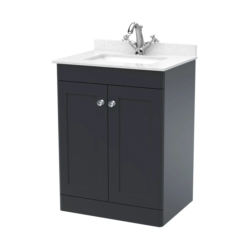 Nuie Classique 600mm Floor Standing 2 Door Vanity & Marble Top 1th Traditional Soft Black MFC Painted Matt 814x620x463mm - CLC1425WS1