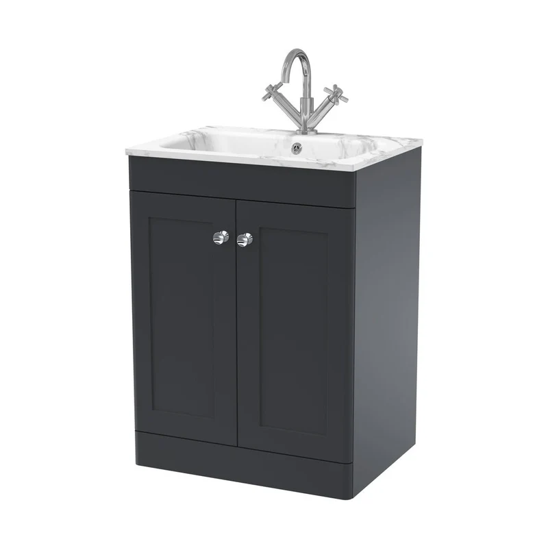 Nuie Classique 600mm Floor Standing 2-door Unit & Stone Basin 1th Traditional Soft Black MFC Painted Matt,stone 816x610x470mm - CLC1425Q