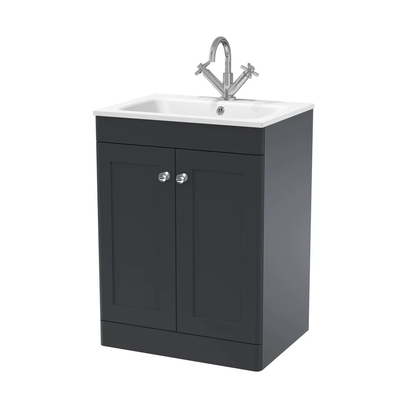 Nuie Classique 600mm Floor Standing 2-door Unit & Stone Basin 1th Traditional Soft Black MFC Painted Matt,stone 816x610x470mm - CLC1425P