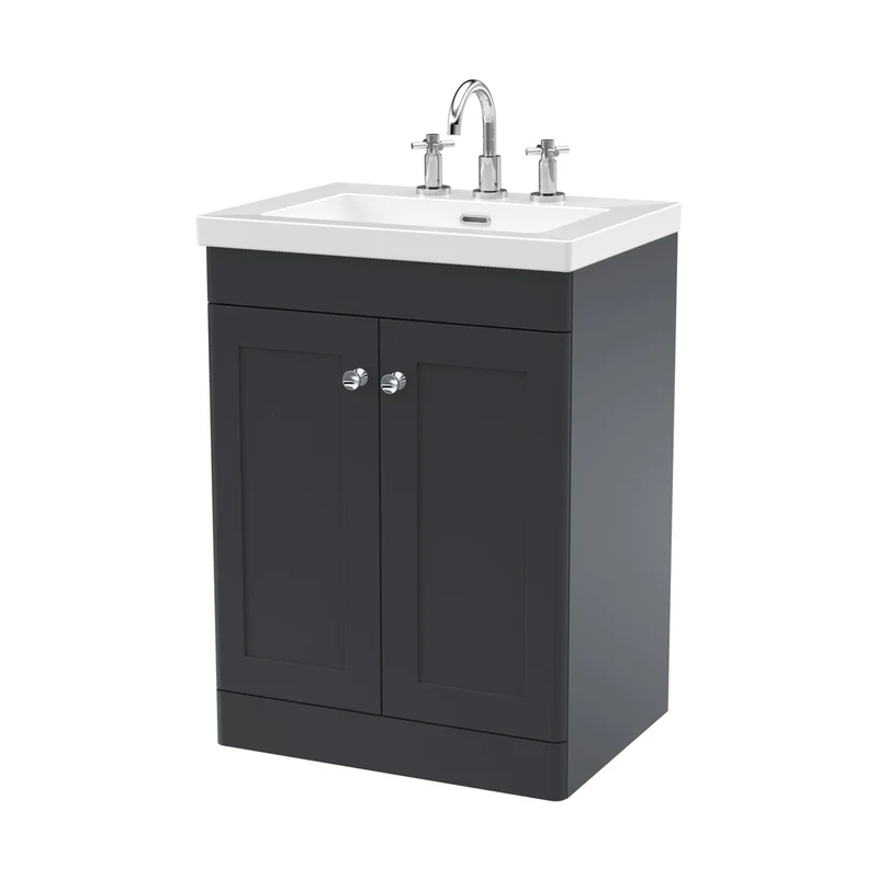 Nuie Classique 600mm Floor Standing 2-door Vanity With Basin - 3 Tap Hole Traditional Soft Black Fireclay 845x613x462mm