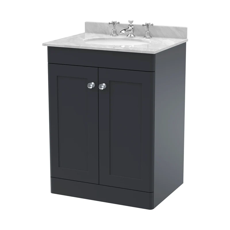 Nuie Classique 600mm Floor Standing 2 Door Vanity & Marble Top 3th Traditional Soft Black MFC Painted Matt 814x620x463mm - CLC1425GR3
