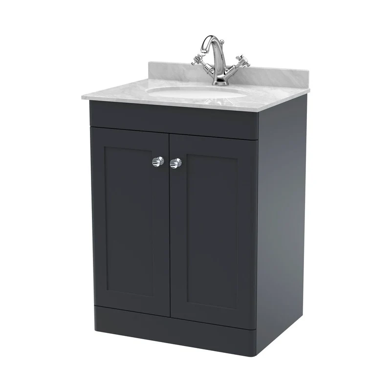 Nuie Classique 600mm Floor Standing 2 Door Vanity & Marble Top 1th Traditional Soft Black MFC Painted Matt 814x620x463mm - CLC1425GR1