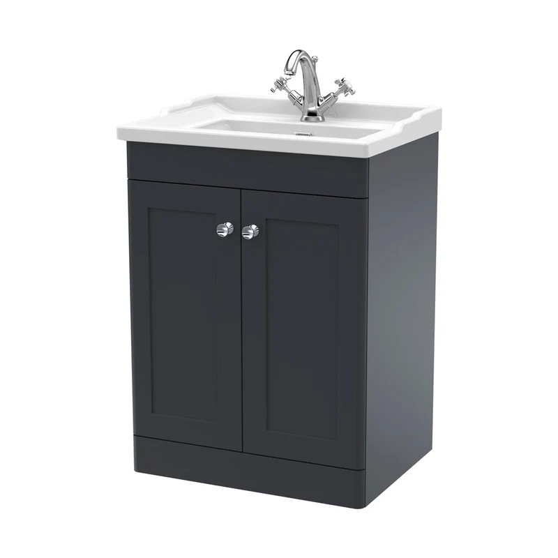 Nuie Classique 600mm Floor Standing 2 Door Vanity & Basin 1th Traditional Soft Black MFC Painted Matt 858x620x470mm