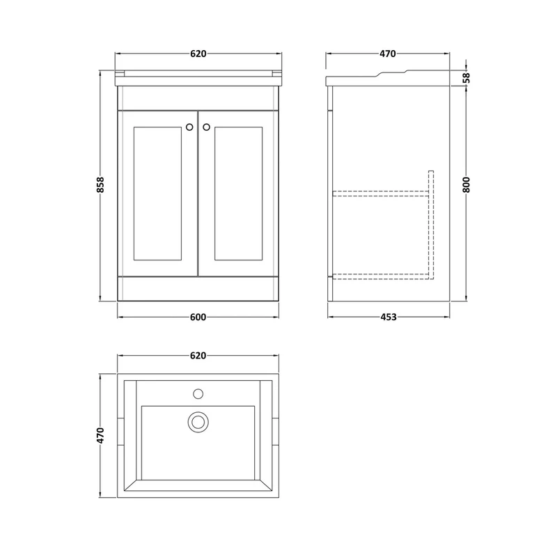 Nuie Classique 600mm Floor Standing 2 Door Vanity & Basin 1th Traditional Soft Black MFC Painted Matt 858x620x470mm