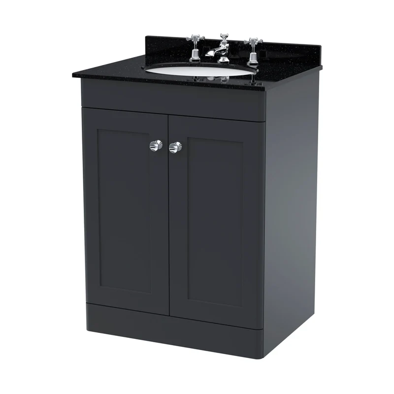Nuie Classique 600mm Floor Standing 2 Door Vanity & Marble Top 3th Traditional Soft Black MFC Painted Matt 814x620x463mm - CLC1425BR3