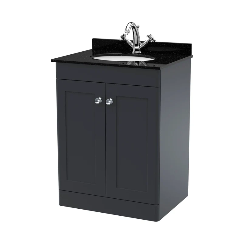 Nuie Classique 600mm Floor Standing 2 Door Vanity & Marble Top 1th Traditional Soft Black MFC Painted Matt 814x620x463mm - CLC1425BR1