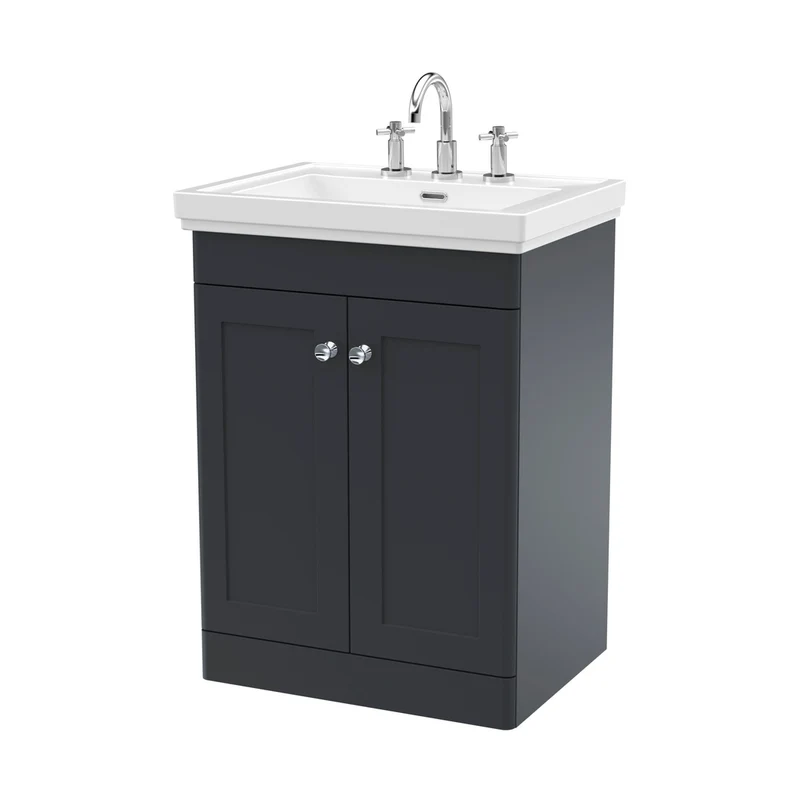 Nuie Classique 600mm Floor Standing 2-door Vanity & Basin 3th Traditional Soft Black MFC Painted Matt 865x630x471mm