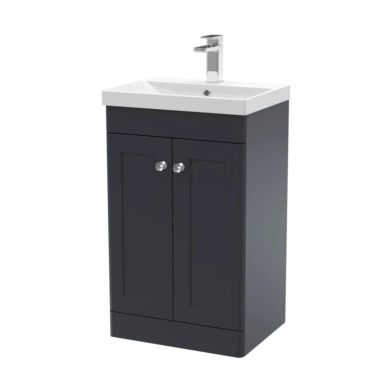 Nuie Classique 500mm Floor Standing 2 Door Vanity & Basin 3 Traditional Soft Black MFC Painted Matt 850x510x395mm