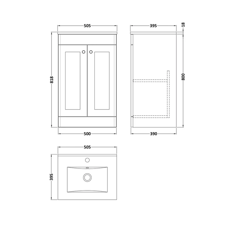 Nuie Classique 500mm Floor Standing 2 Door Vanity & Basin 2 Traditional Soft Black MFC Painted Matt 818x500x390mm