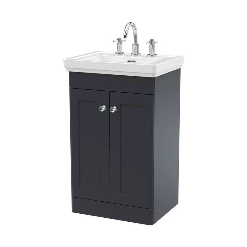 Nuie Classique 500mm Floor Standing 2-door Vanity & Basin 3th Traditional Soft Black MFC Painted Matt 865x531x406mm