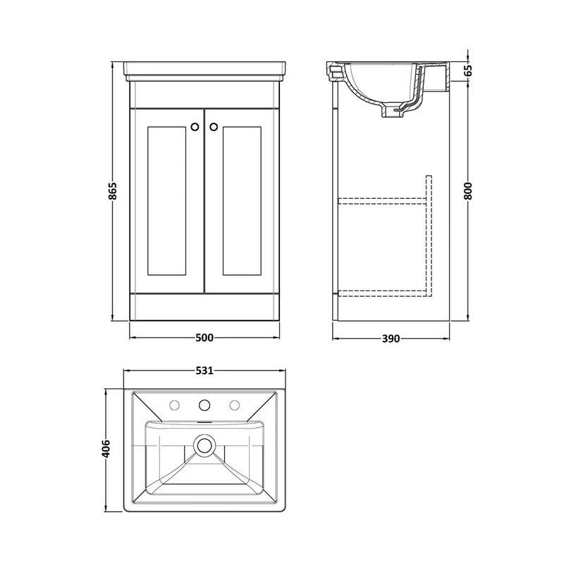 Nuie Classique 500mm Floor Standing 2-door Vanity & Basin 3th Traditional Soft Black MFC Painted Matt 865x531x406mm