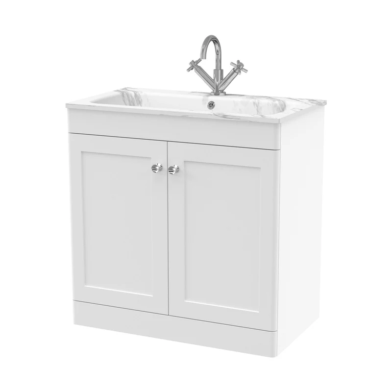 Nuie Classique 800mm Floor Standing 2-door Unit & Stone Basin 1th Traditional Satin White MFC Painted Matt,stone 816x810x470mm - CLC126Q