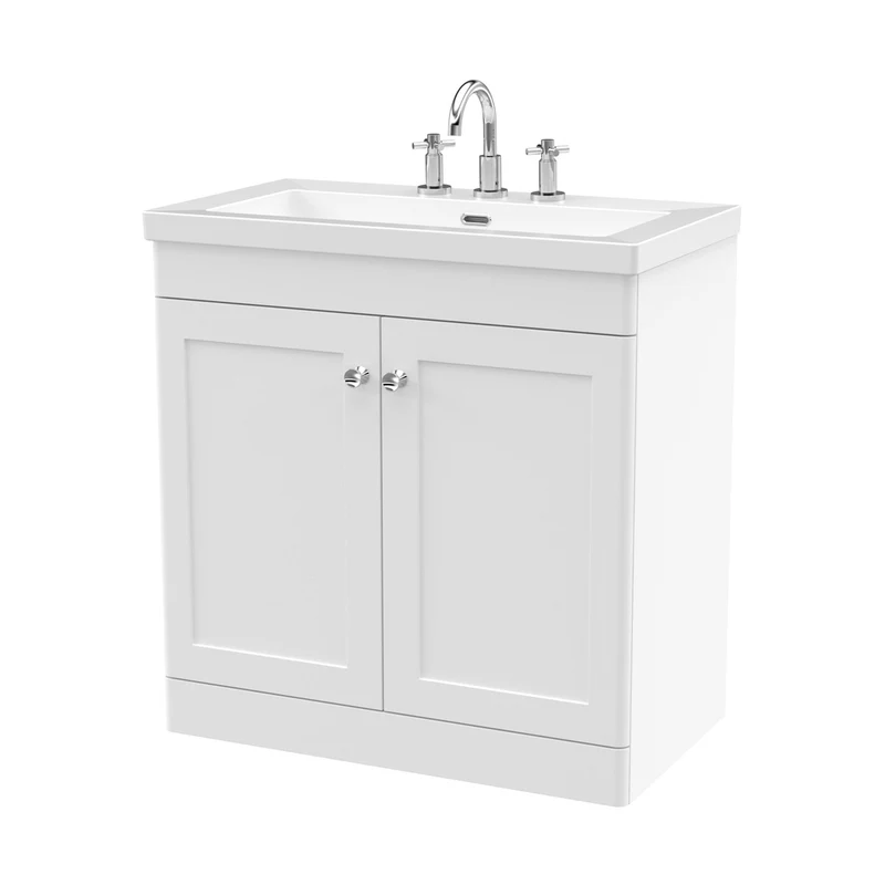 Nuie Classique 800mm Floor Standing 2-door Vanity With Basin - 3 Tap Hole Traditional Satin White Fireclay 845x813x462mm