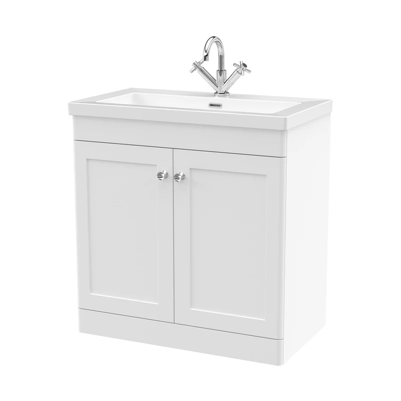 Nuie Classique 800mm Floor Standing 2-door Vanity With Basin - 1 Tap Hole Traditional Satin White Fireclay 845x813x462mm