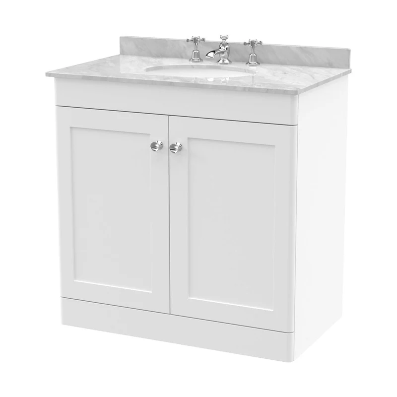 Nuie Classique 800mm Floor Standing 2 Door Vanity & Marble Top 3th Traditional Satin White MFC Painted Matt 814x820x463mm - CLC126GR3