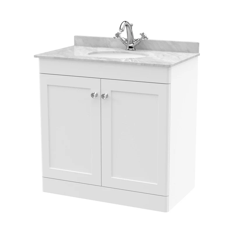 Nuie Classique 800mm Floor Standing 2 Door Vanity & Marble Top 1th Traditional Satin White MFC Painted Matt 814x820x463mm - CLC126GR1