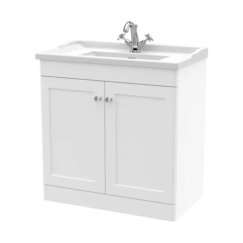 Nuie Classique 800mm Floor Standing 2 Door Vanity & Basin 1th Traditional Satin White MFC Painted Matt 858x820x480mm