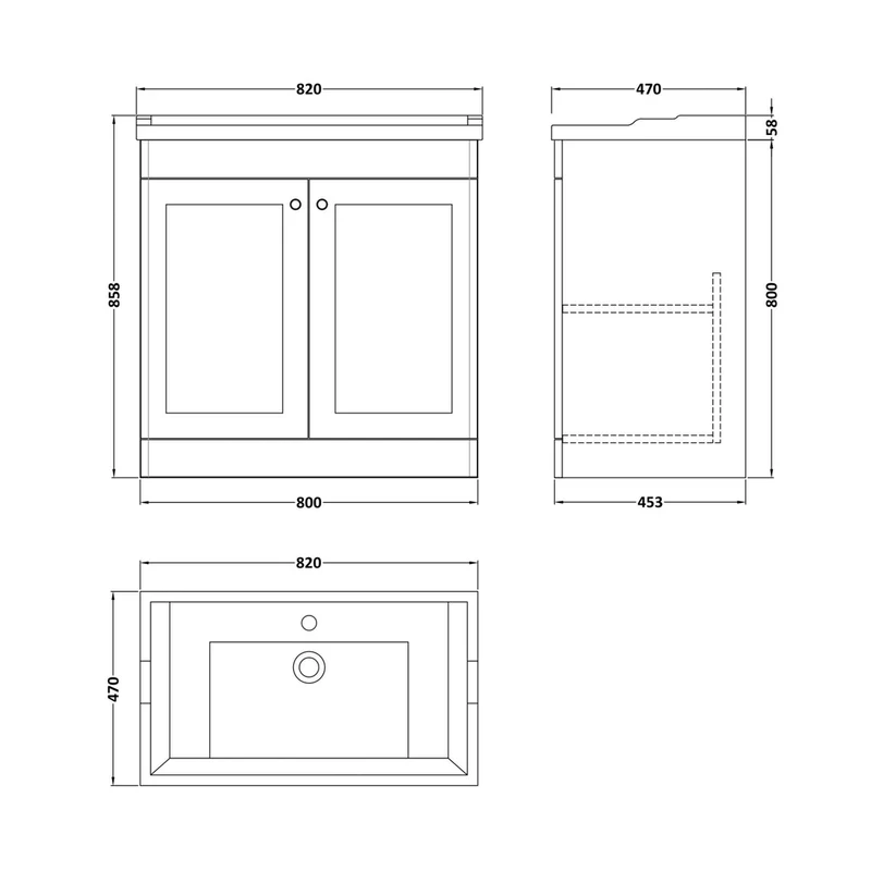 Nuie Classique 800mm Floor Standing 2 Door Vanity & Basin 1th Traditional Satin White MFC Painted Matt 858x820x480mm