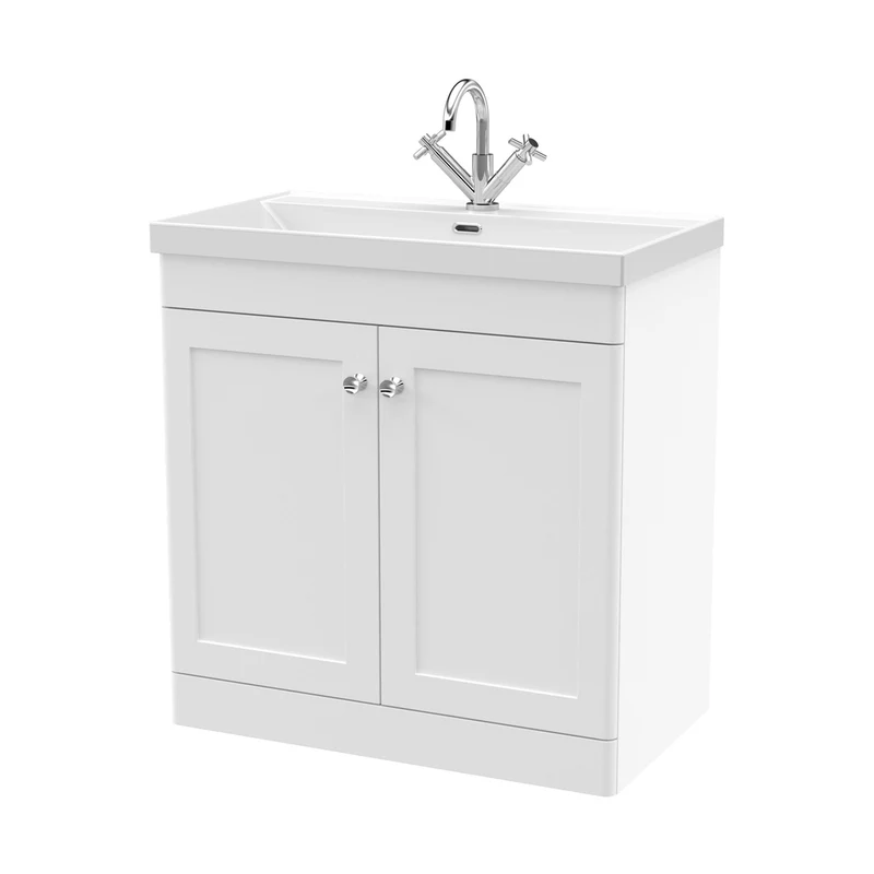 Nuie Classique 800mm Floor Standing 2-door Vanity With Basin - 1 Tap Hole Traditional Satin White Vitreous China 818x810x460mm