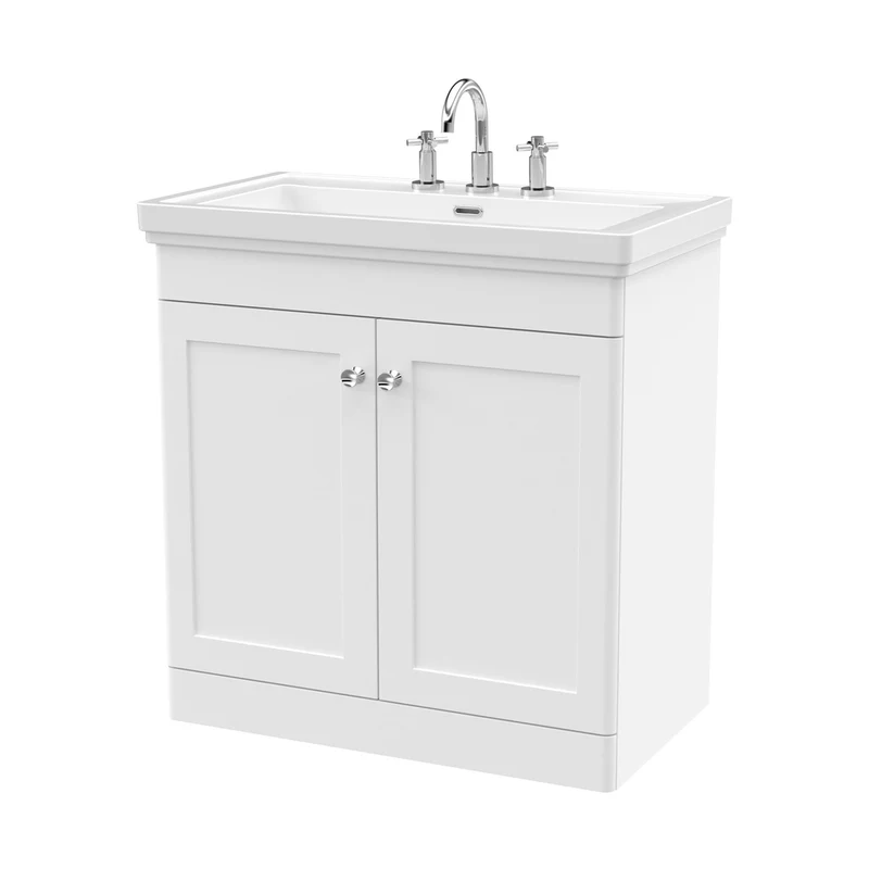 Nuie Classique 800mm Floor Standing 2-door Vanity & Basin 3th Traditional Satin White MFC Painted Matt 865x830x470mm