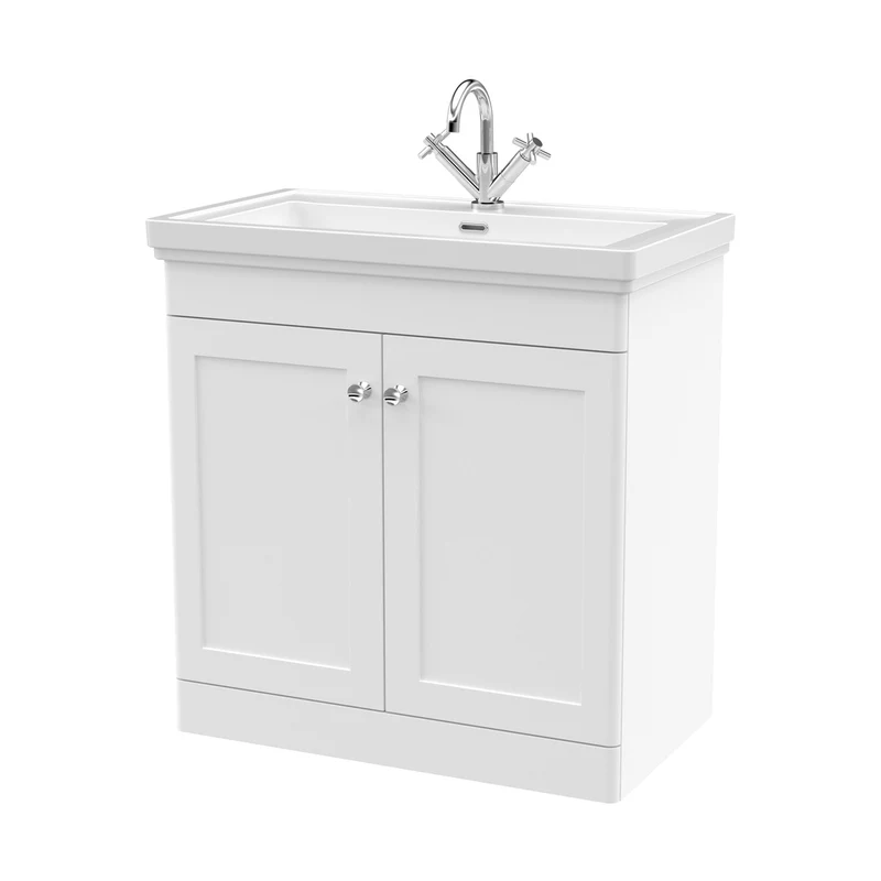 Nuie Classique 800mm Floor Standing 2-door Vanity & Basin 1th Traditional Satin White MFC Painted Matt 865x830x470mm