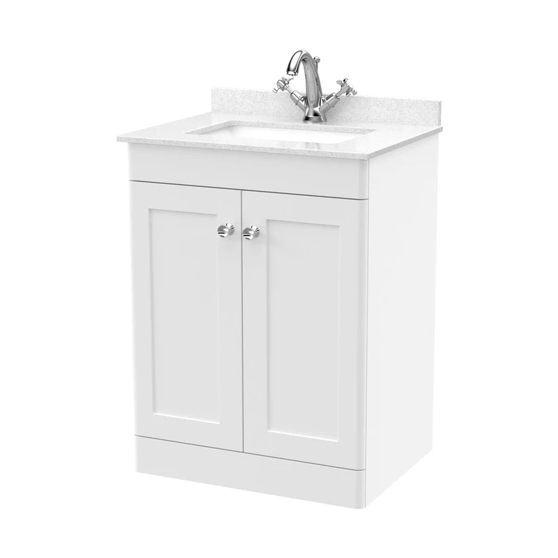 Nuie Classique 600mm Floor Standing 2 Door Vanity & Marble Top 1th Traditional Satin White MFC Painted Matt 814x620x463mm - CLC125WS1