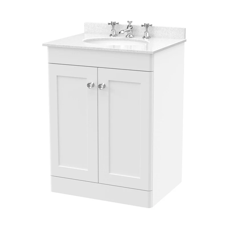 Nuie Classique 600mm Floor Standing 2 Door Vanity & Marble Top 3th Traditional Satin White MFC Painted Matt 814x620x463mm - CLC125WR3
