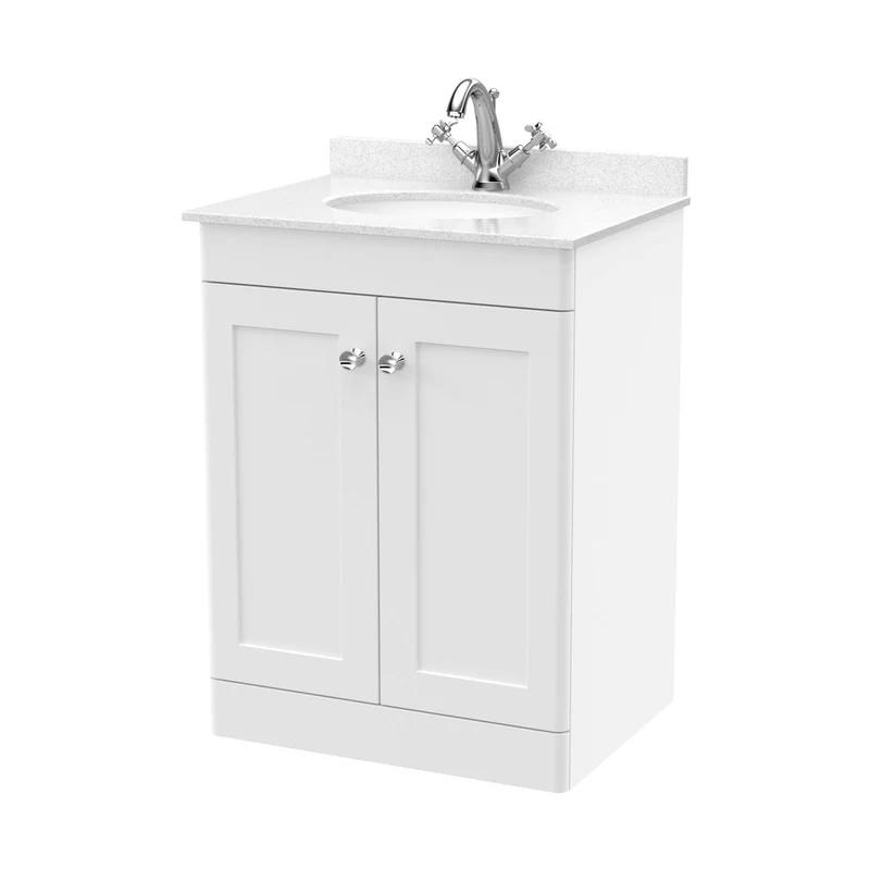 Nuie Classique 600mm Floor Standing 2 Door Vanity & Marble Top 1th Traditional Satin White MFC Painted Matt 814x620x463mm - CLC125WR1