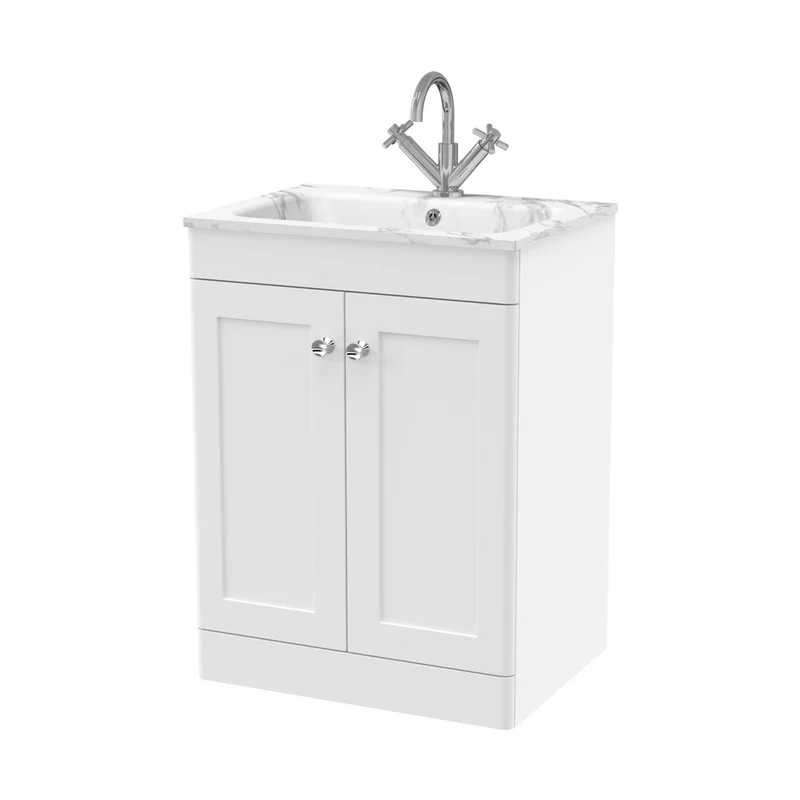 Nuie Classique 600mm Floor Standing 2-door Unit & Stone Basin 1th Traditional Satin White MFC Painted Matt,stone 816x610x470mm - CLC125Q