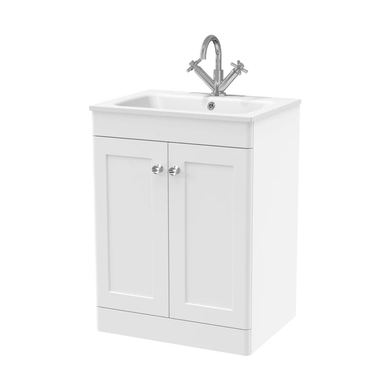 Nuie Classique 600mm Floor Standing 2-door Unit & Stone Basin 1th Traditional Satin White MFC Painted Matt,stone 816x610x470mm - CLC125P